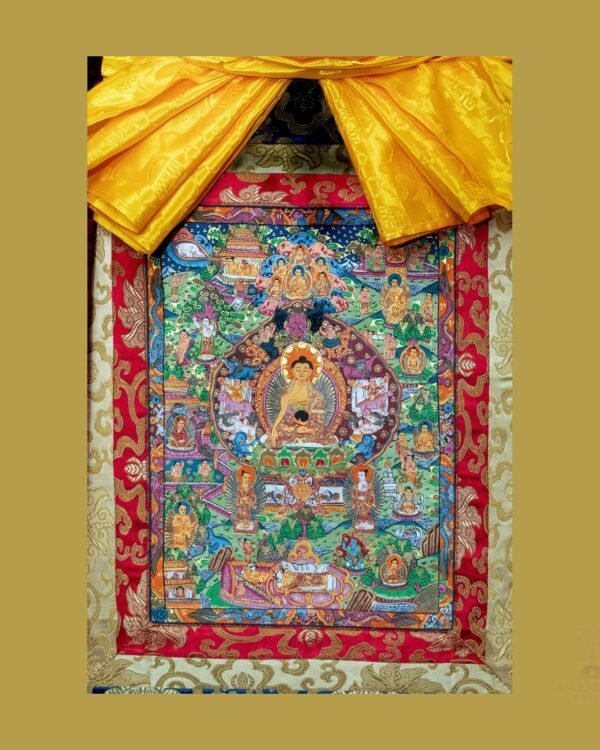 Brocade Buddhas Story Thankga Thangka — Hand-Painted Tibetan Buddhist Art